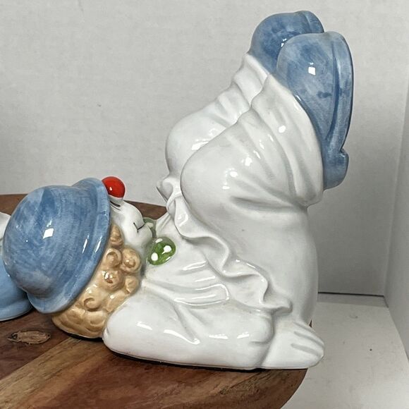 Fitz & Floyd 1979 2 Clown Bookends In Blue Bowler Hats & Shoes with Red Nose - Picture 9 of 11